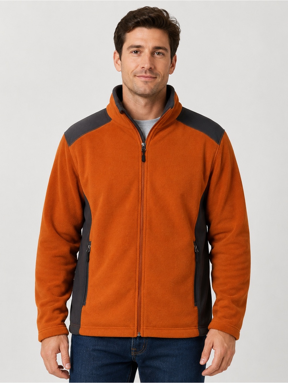 Tek Gear Men’s Orange Charcoal Full Zip Fleece Jacket Outdoor Large
